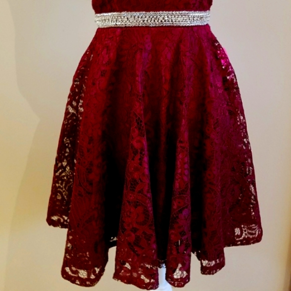 Maniju Burgundy Silver Bead Eyelet Prom Dress - Picture 2 of 8